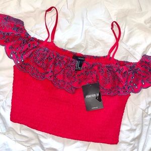 Forever 21 Red Woven Lace Shoulder Crop Cami Top!
